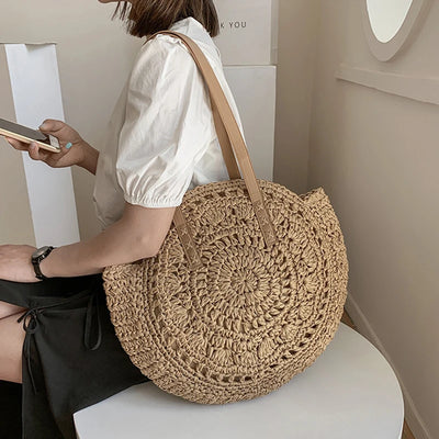 Summer Round Straw Bags for Women Rattan Shoulder Bag Travel Handmade Woven Beach Handbags Female Large Capacity Totes Bag